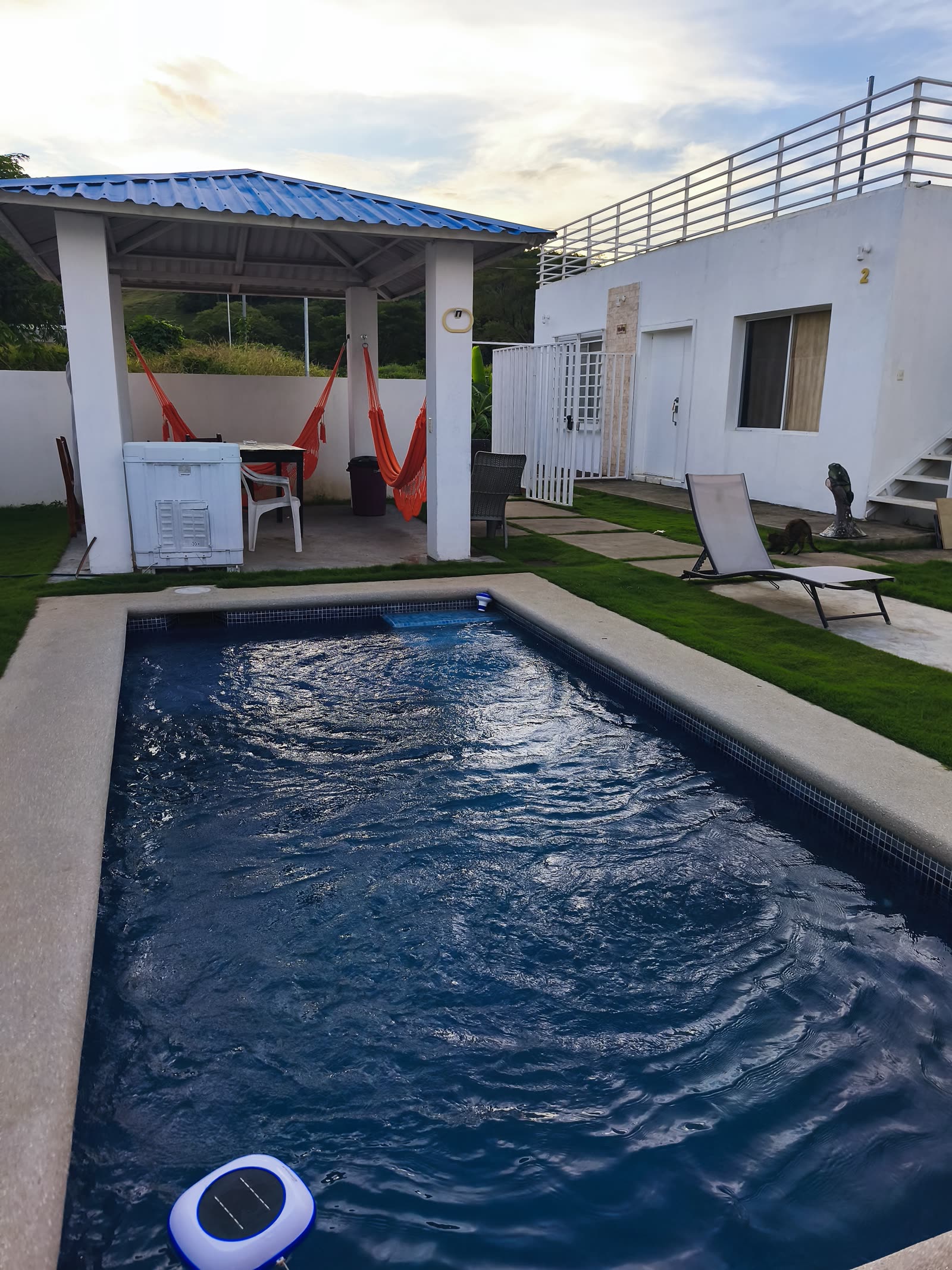 Piscina compartida al atardecer, con hamacas